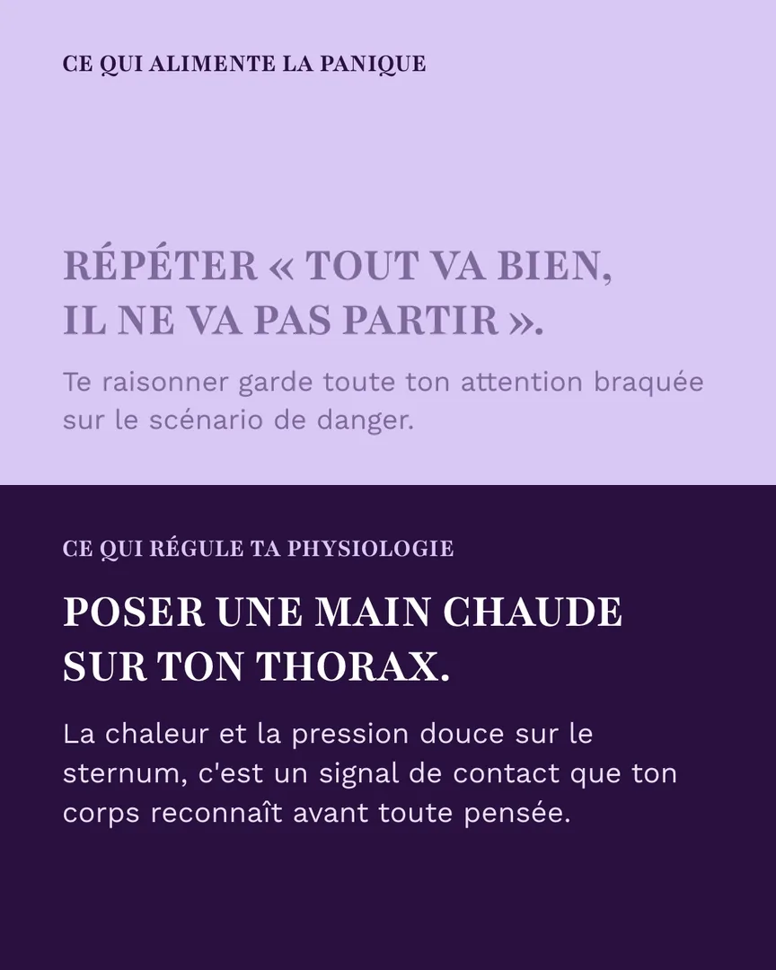 Ce qui alimente la panique : répéter « tout va bien, il ne va pas partir ». Ce qui aide : poser une main chaude sur ton thorax.