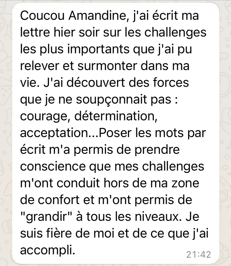 Message d'une cliente à Amandine